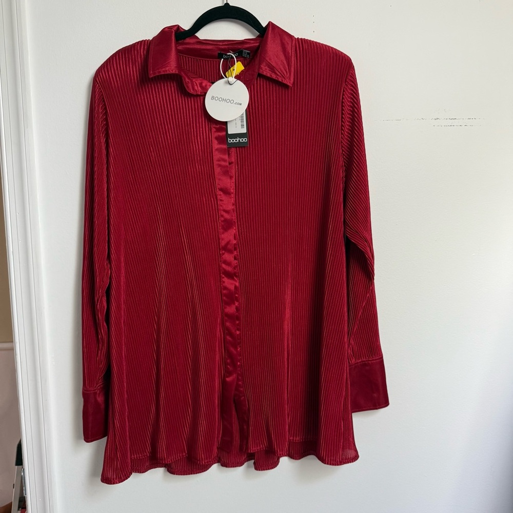 Boohoo Plus Red Pleated Button Down Shirt